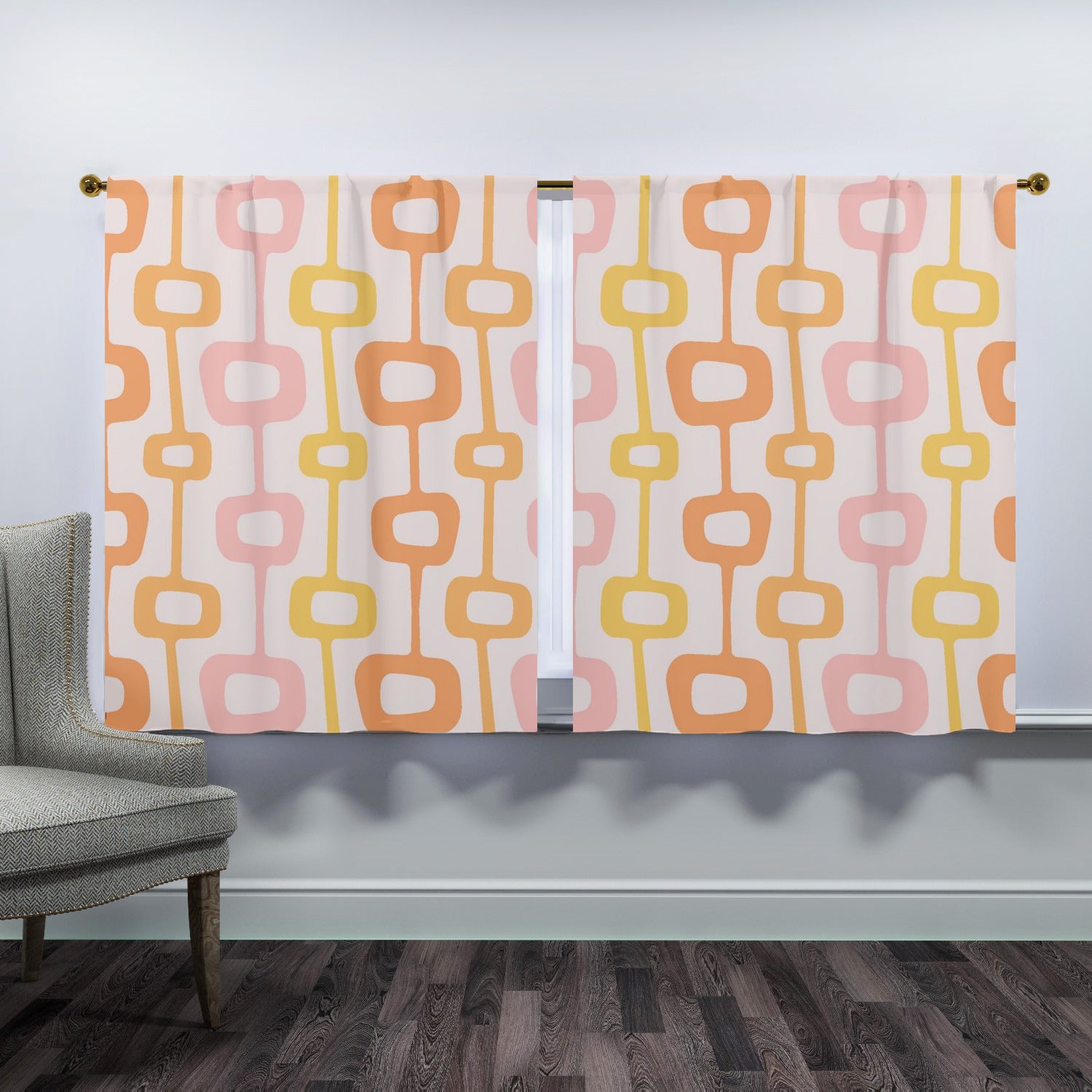 Mid Centuiry Modern Retro Groovy Geometric, Pink, Orange, Yellow MCM Window Curtains (two panels)