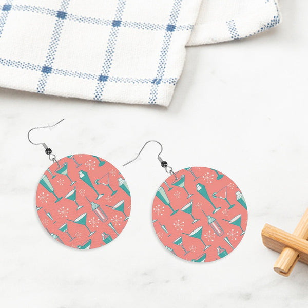 50s Martini Coral Pink Aqua Mid Mod Faux Leather Round Earrings