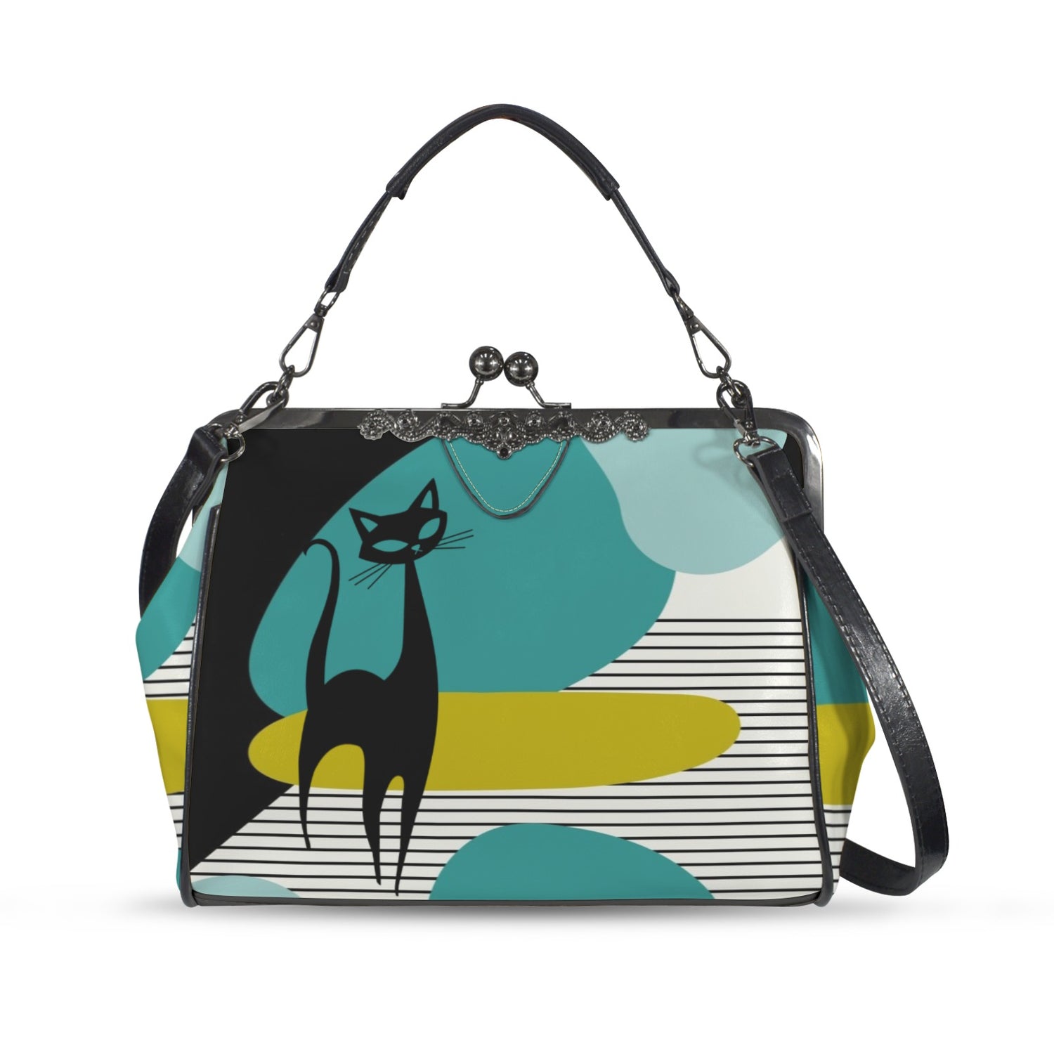 Mid Century Modern Atomic Cat Amoeba Designed Retro Kisslock Crossbody Purse - Mid Century Modern Gal