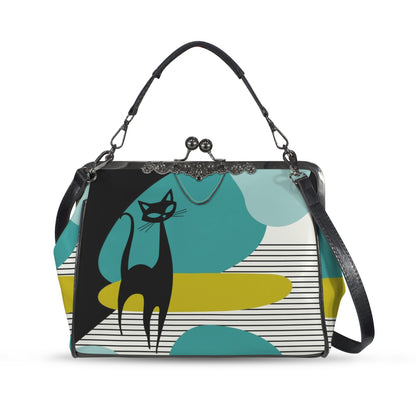 Mid Century Modern Atomic Cat Amoeba Designed Retro Kisslock Crossbody Purse - Mid Century Modern Gal