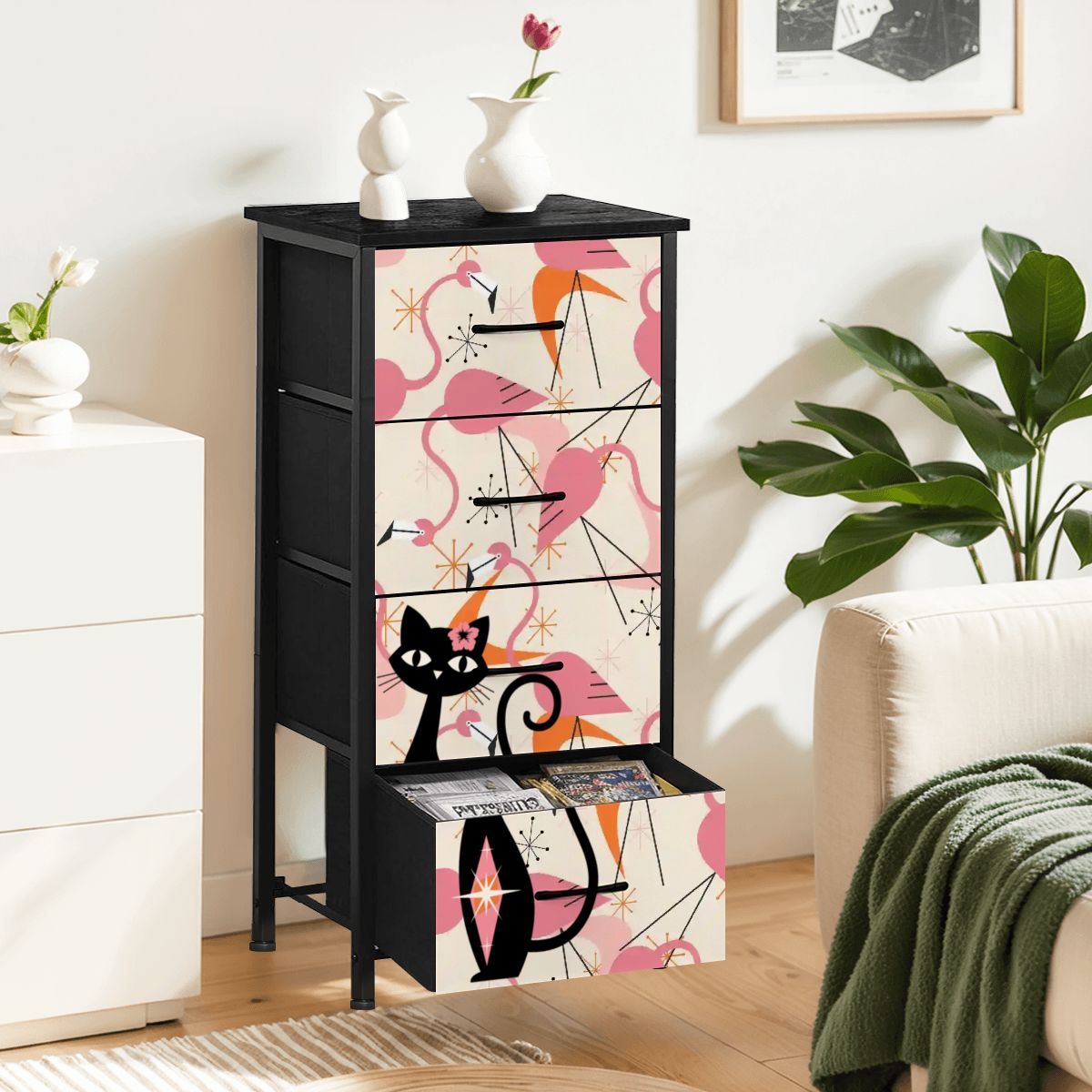 Mid Century Modern Flamingos, Atomic Cat Kitschy Mod 4-Drawer Dresser - Mid Century Modern Gal