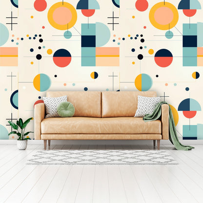 Mid Century Modern Bauhaus Designed, Geometric Yellow, Orange, Aqua MCM Peel And Stick Wall Murals