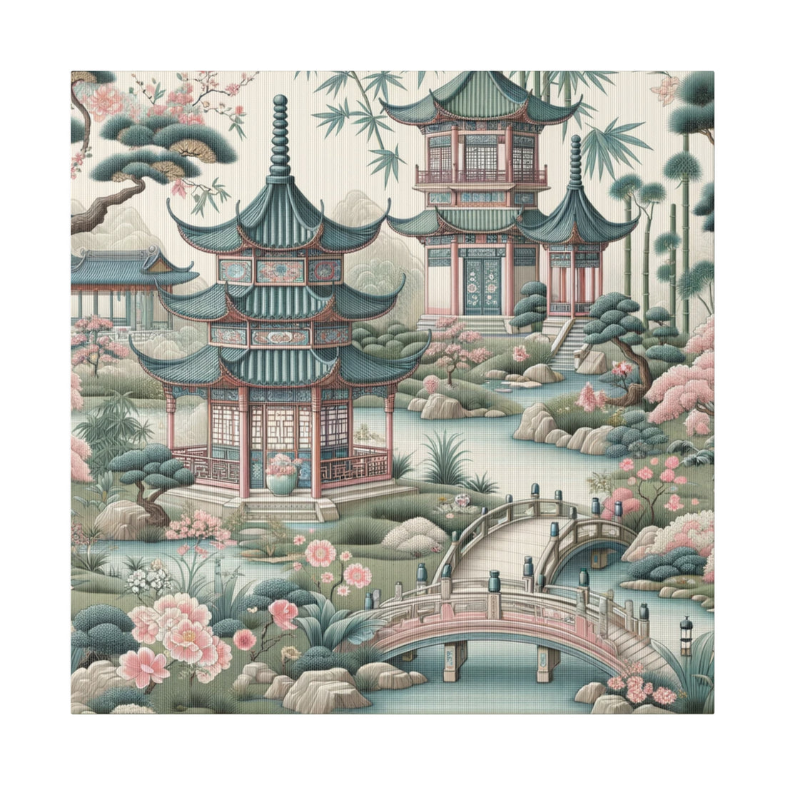 Chinoiserie Wall Art, Pagodas, Rivers, Pastel Southern Elegance Wall Art Matte Canvas