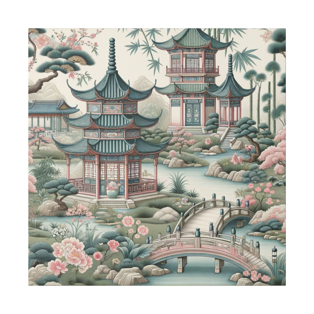 Chinoiserie Wall Art, Pagodas, Rivers, Pastel Southern Elegance Wall Art Matte Canvas - Mid Century Modern Gal