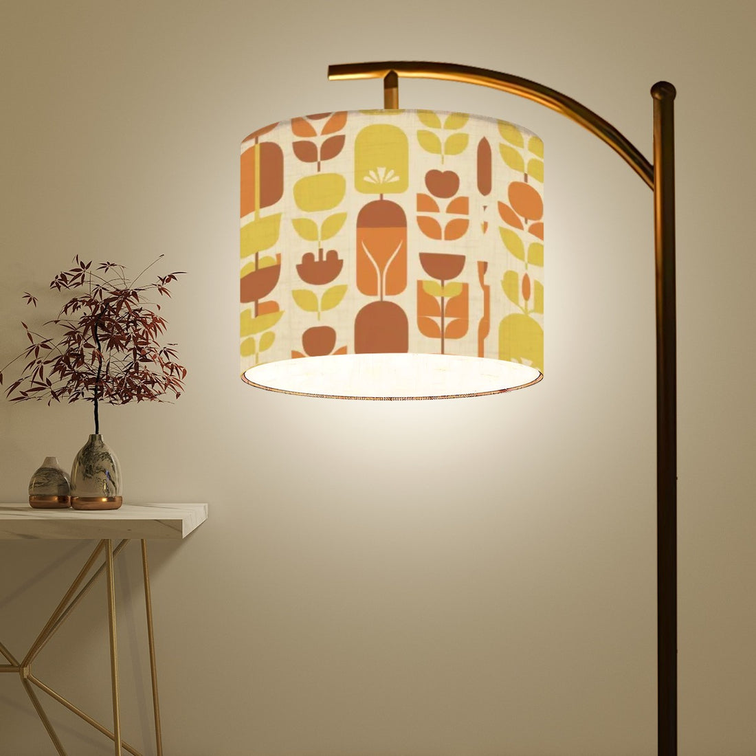 Scandinavian Nordic Modern Floral Orange Yellow Mid Mod Arc Floor Lamp - Mid Century Modern Gal