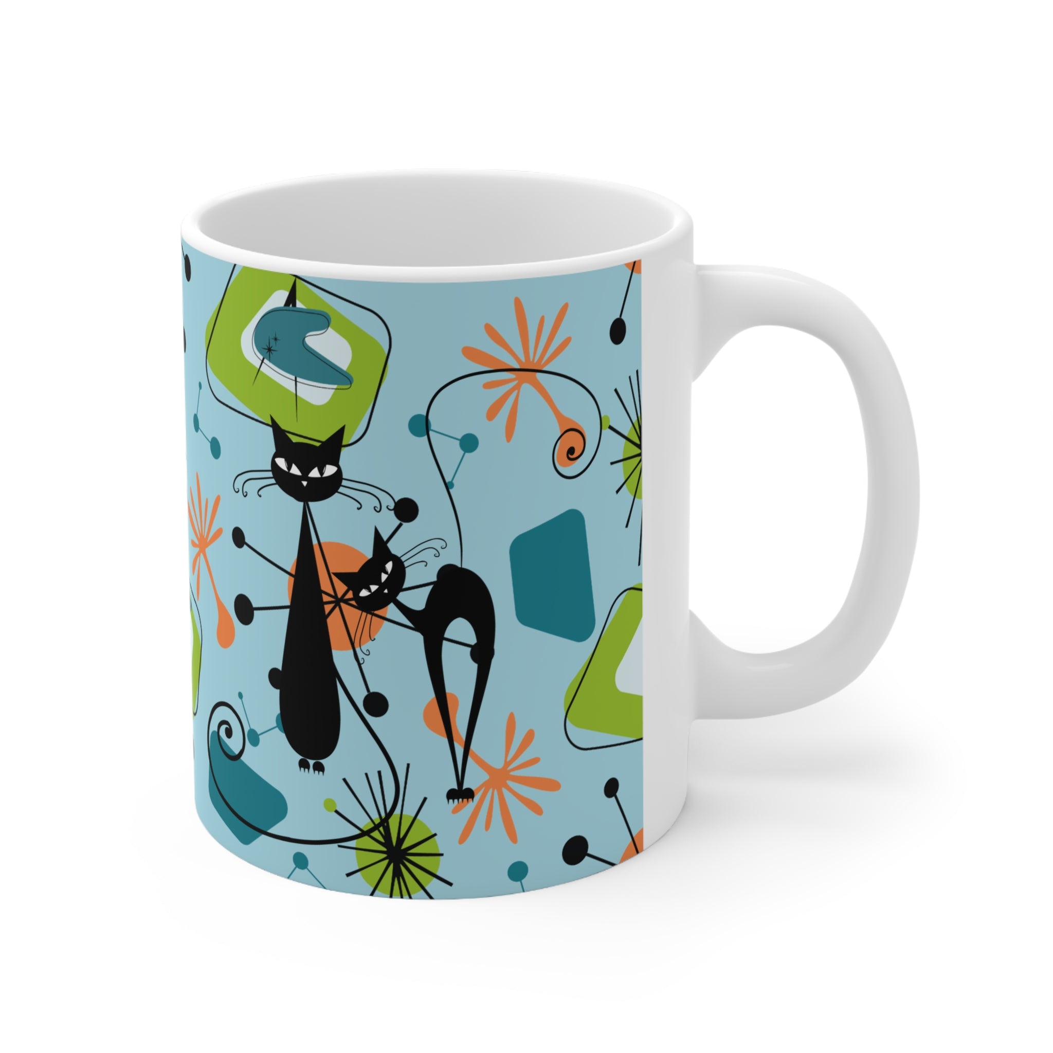 Atomic Cat Coffee Mug, Kitschy 50s Mid Century Modern Coffee, Tea, Blue, Green, Sputnik Starbursts Designs Ceramic Mug 11oz