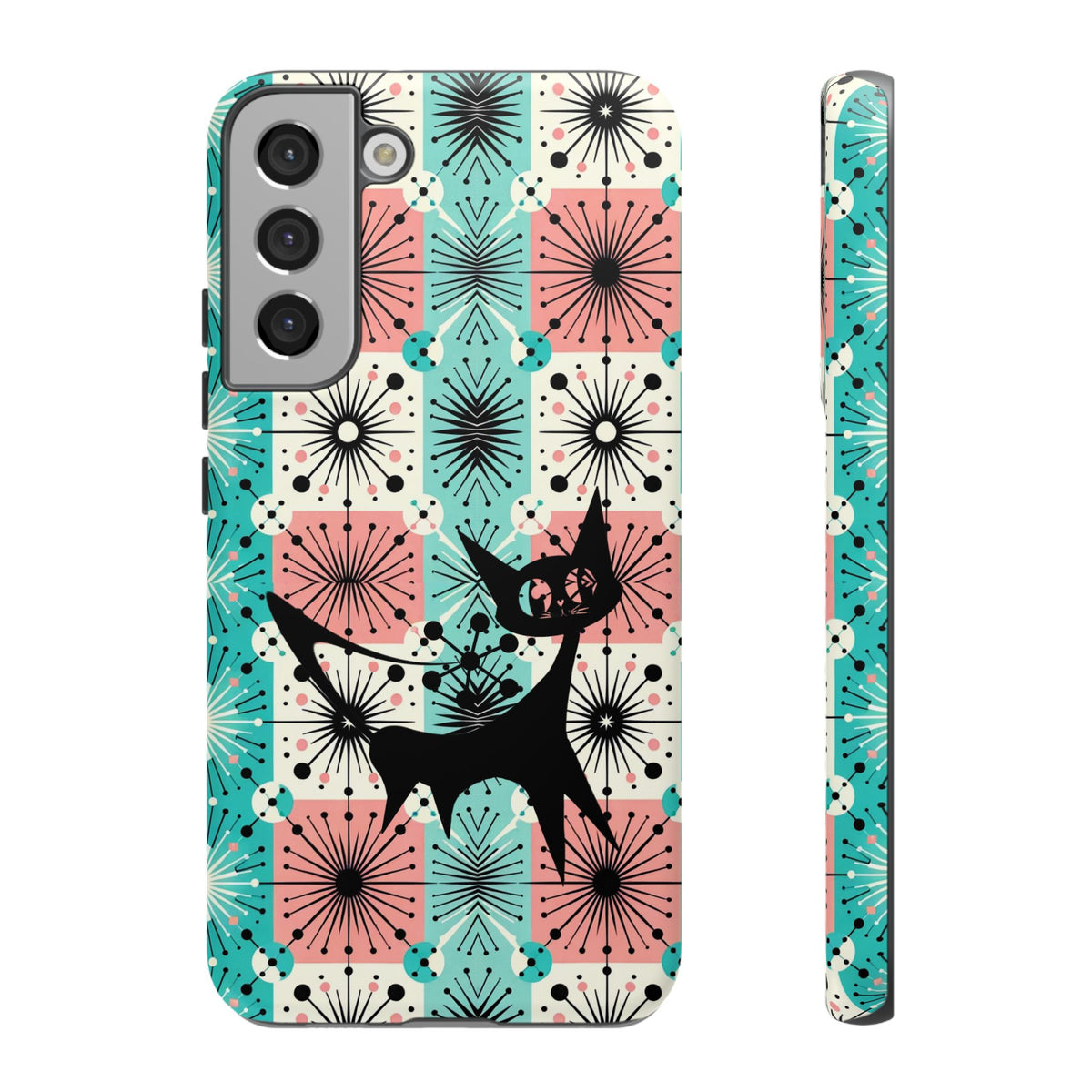 Atomic Kitschy Cat, Mid Century Modern Pink, Aqua Starbursts Tough Phone Case