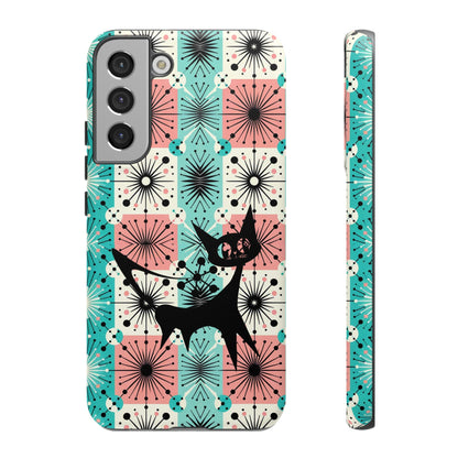 Atomic Kitschy Cat, Mid Century Modern Pink, Aqua Starbursts Tough Phone Case