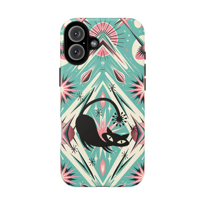 Atomic Cat, Mid Century Modern Aqua Blue, Pink, Starbursts Tough Phone Case