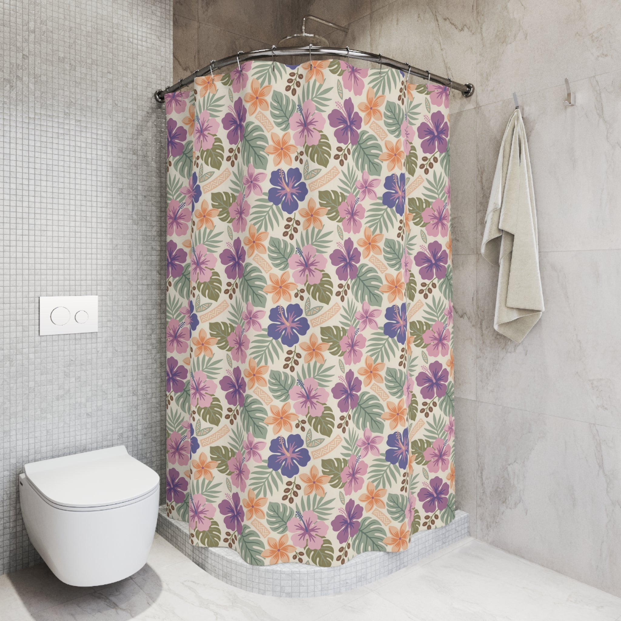 Retro Tropical Tiki Summer, Hawaiian Hibiscus Purple Shower Curtain - Mid Century Modern Gal