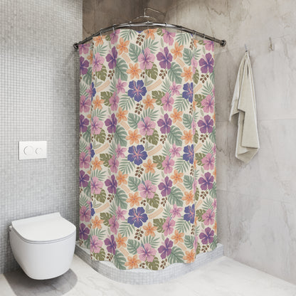 Retro Tropical Tiki Summer, Hawaiian Hibiscus Purple Shower Curtain - Mid Century Modern Gal