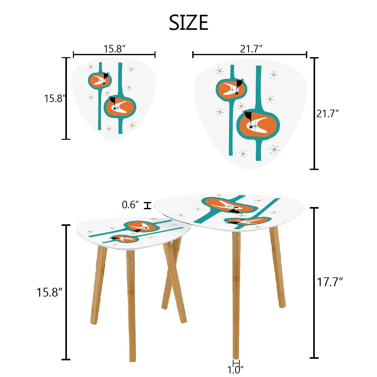 Mid Century Atomic Cats, Mod Orange, Teal Minimalist Modernist Nesting Tables - Mid Century Modern Gal