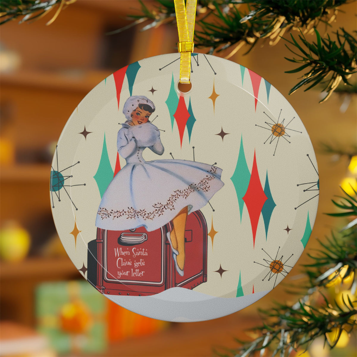 Retro Christmas Gal Glass Ornaments - Vintage Holiday Decor with Santa Mailbox Letter Design - Mid Century Modern Gal