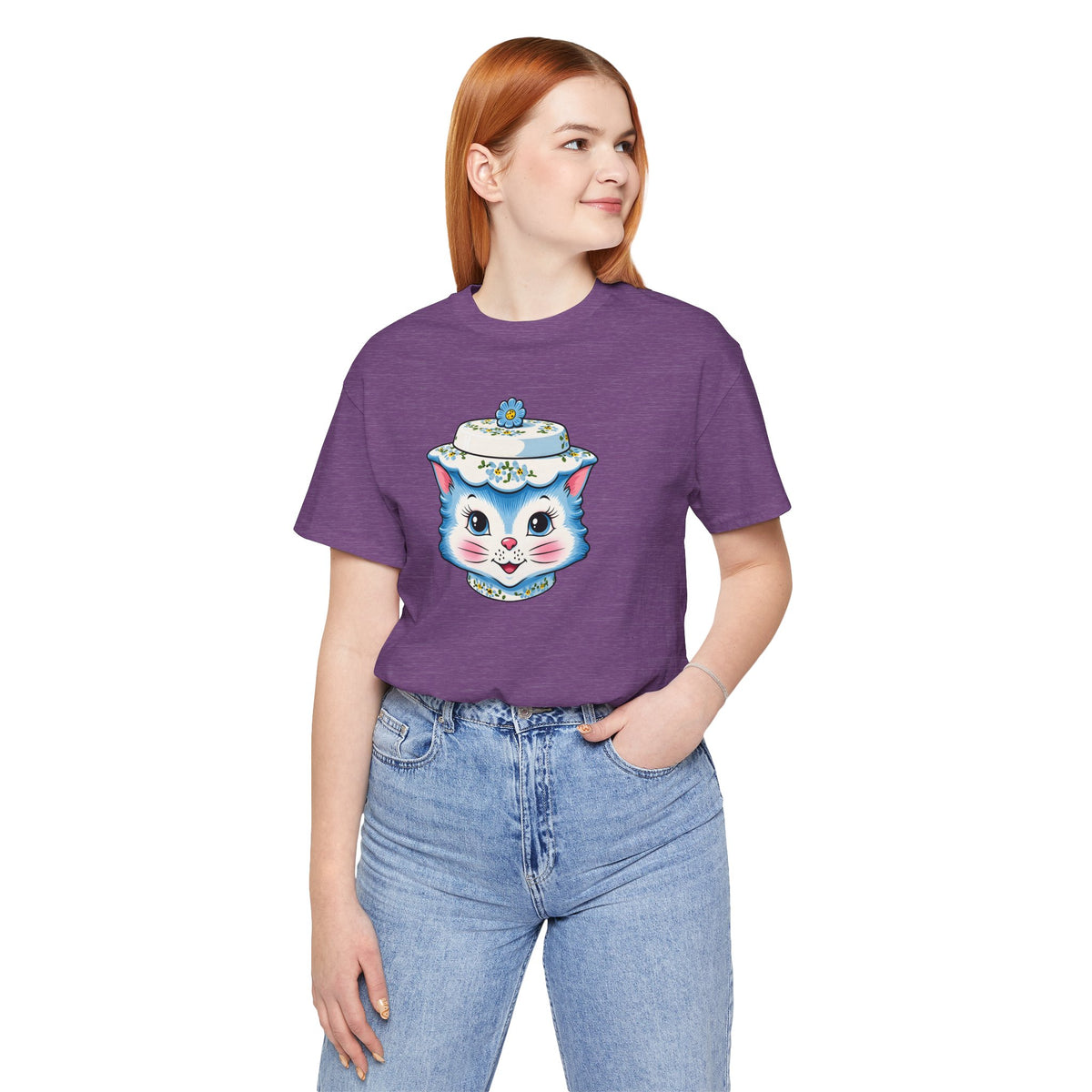 Mid Century Modern Kitschy Anthropomorphic Blue Cat with Floral Hat Unisex T-Shirt