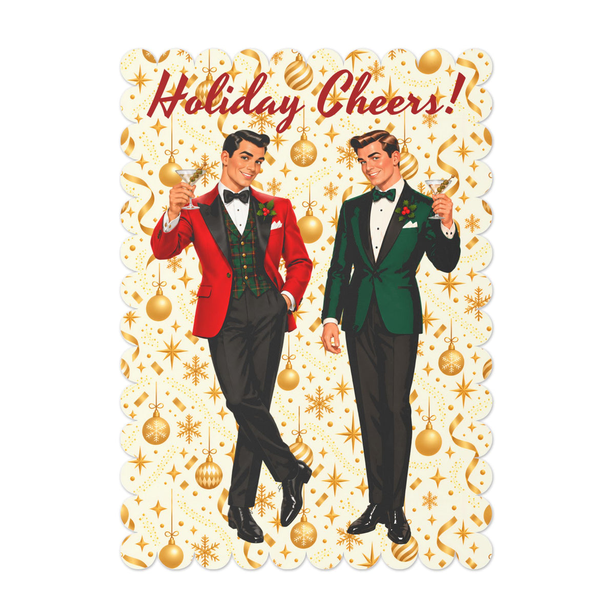 Mid Century Modern Christmas Martini Dapper Gay Male Couple Flat Postcard Style Christmas Greeting Cards