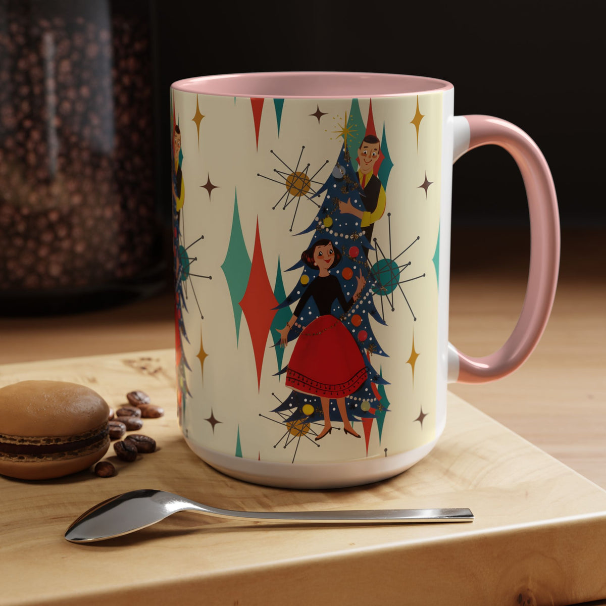 Mid Century Modern 50s Kitsch Christmas starburst coffee mug featuring festive characters and retro designs in vibrant colors.
