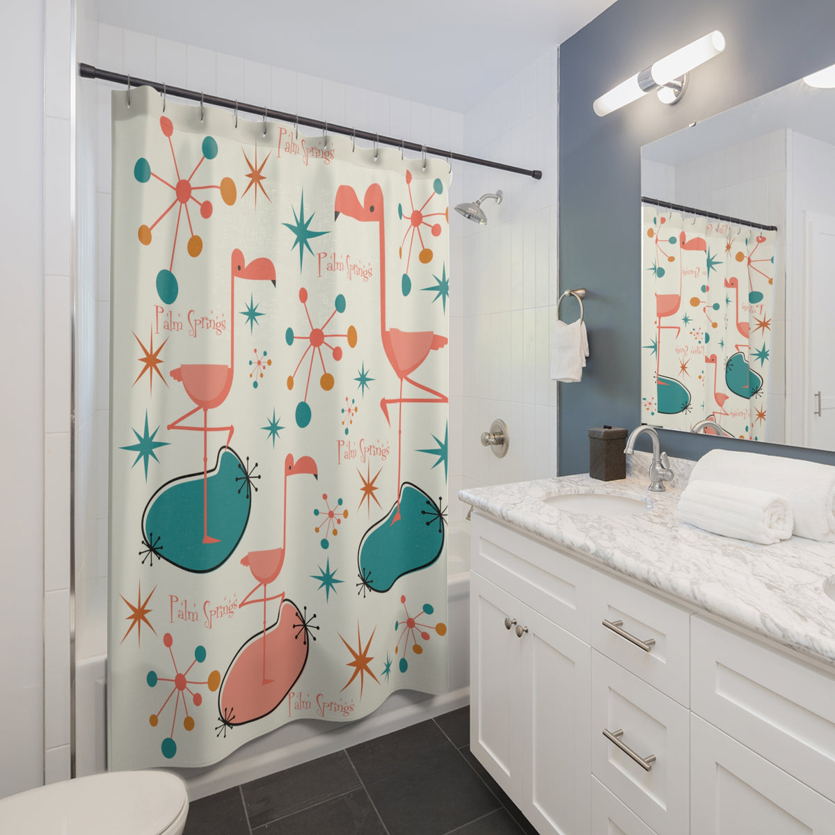 Palm Springs California, 50s Flamingo, Starburst Mid Century Modern Shower Curtain - Mid Century Modern Gal