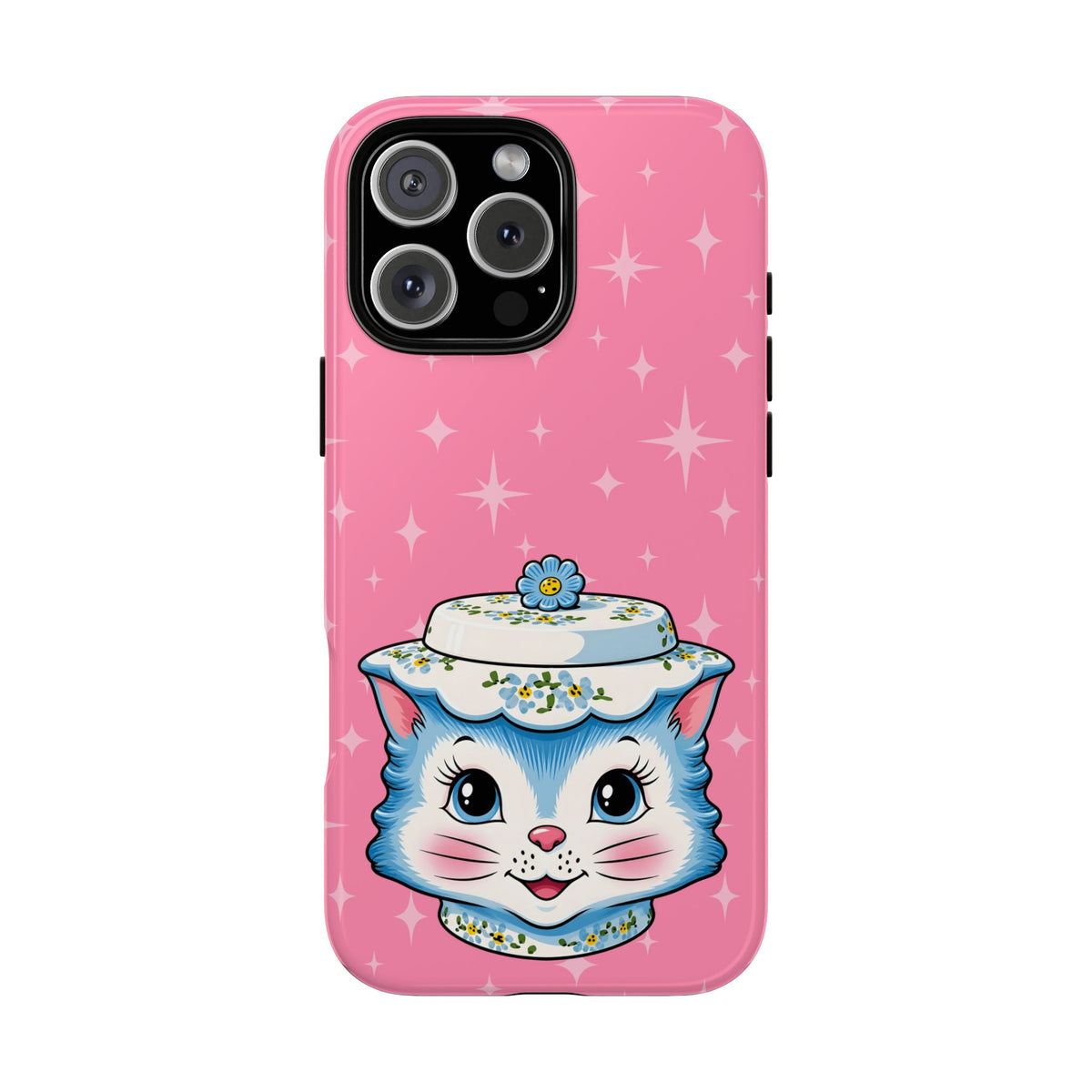 Mid Century Modern Kitschy Anthropomorphic Blue Cat with Floral Hat Tough Phone Case