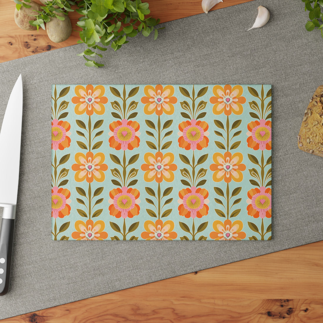 Mid Century Modern Scandinavian Orange Yellow Green Mid Mod Floral Glass Cutting Board - Colorful Kitchen Decor - Mid Century Modern Gal