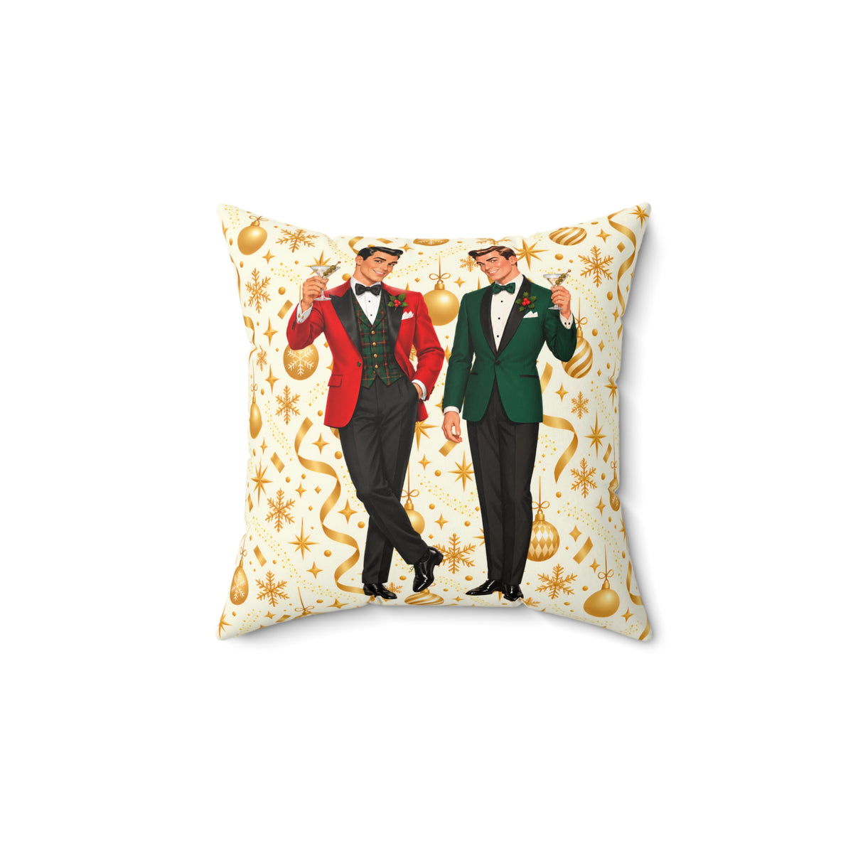Mid Century Modern Christmas Martini Dapper Gay Male Couple Pillow Cover and Insert