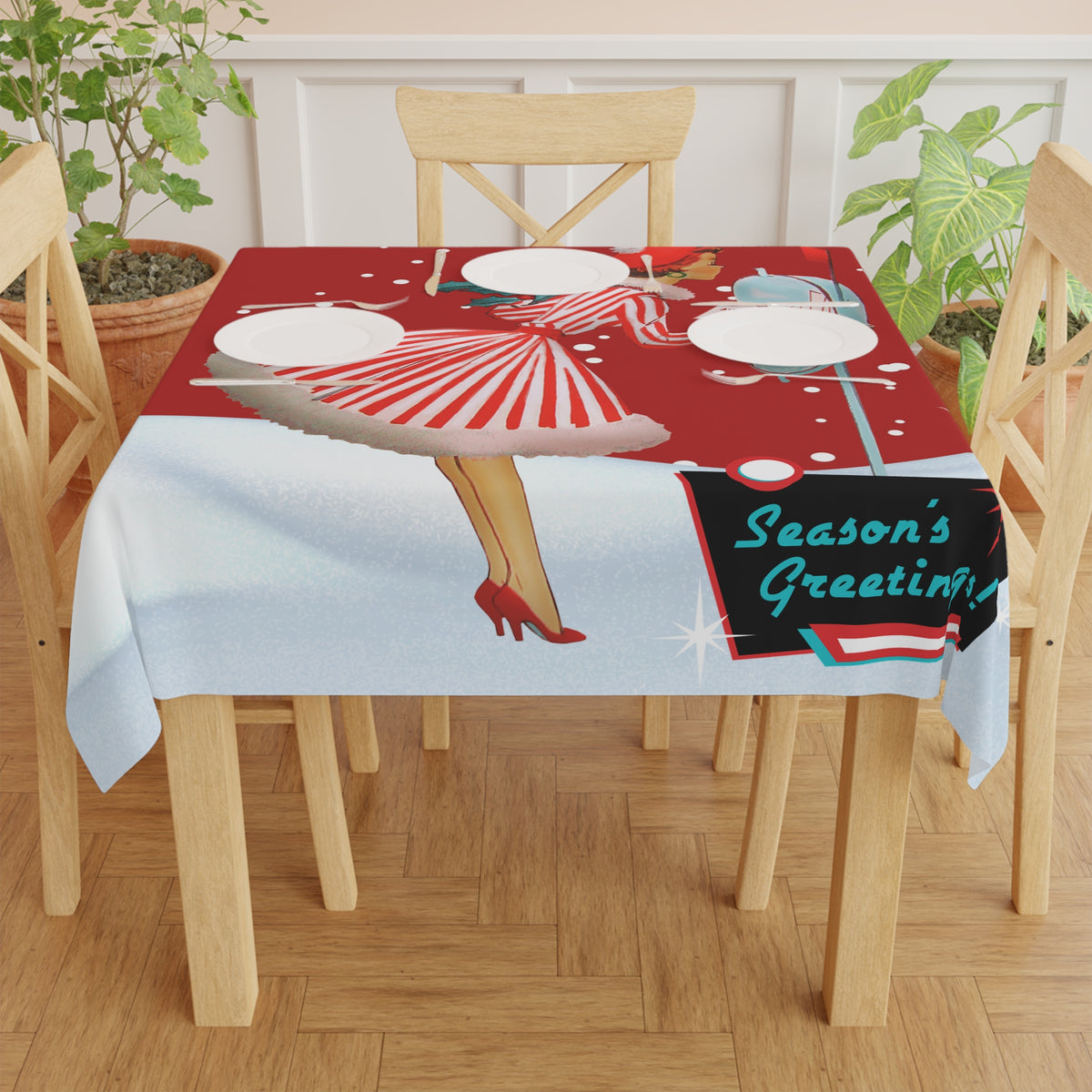 Vintage Holiday Tablecloth - Season's Greetings Christmas Decor - Mid Century Modern Gal