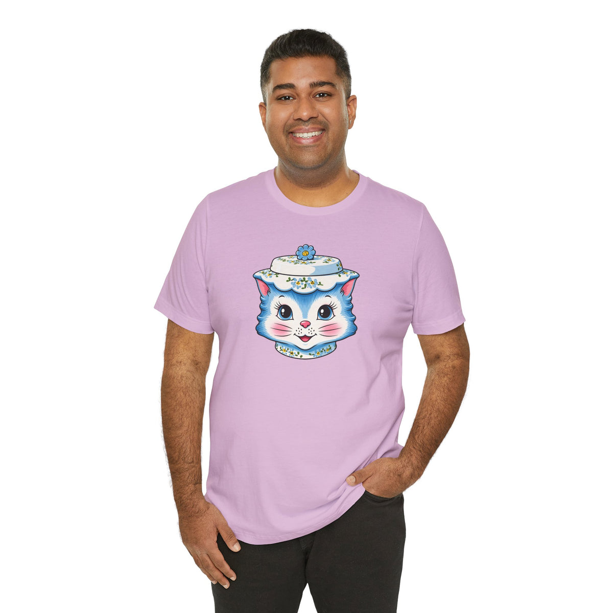 Mid Century Modern Kitschy Anthropomorphic Blue Cat with Floral Hat Unisex T-Shirt