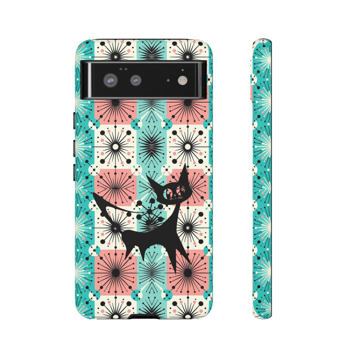 Atomic Kitschy Cat, Mid Century Modern Pink, Aqua Starbursts Tough Phone Case