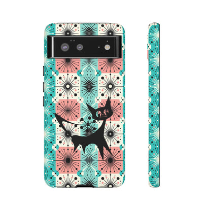 Atomic Kitschy Cat, Mid Century Modern Pink, Aqua Starbursts Tough Phone Case