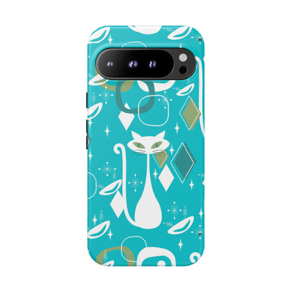 Atomic Cat Space Designs, Mid Century Modern, Aqua, White Kitschy Cat Tough Phone Case