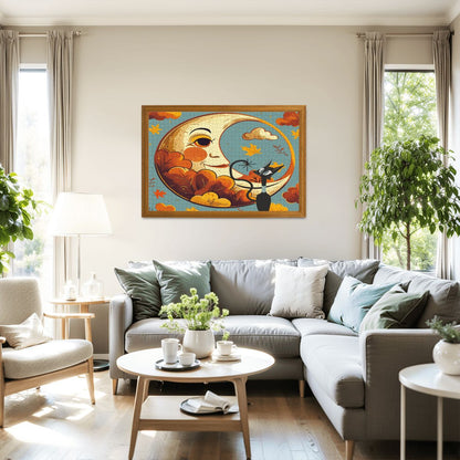 Atomic Celestial Moon, Kitschy Atomic Cat Harvest Halloween Wooden Jigsaw Puzzle - Mid Century Modern Gal