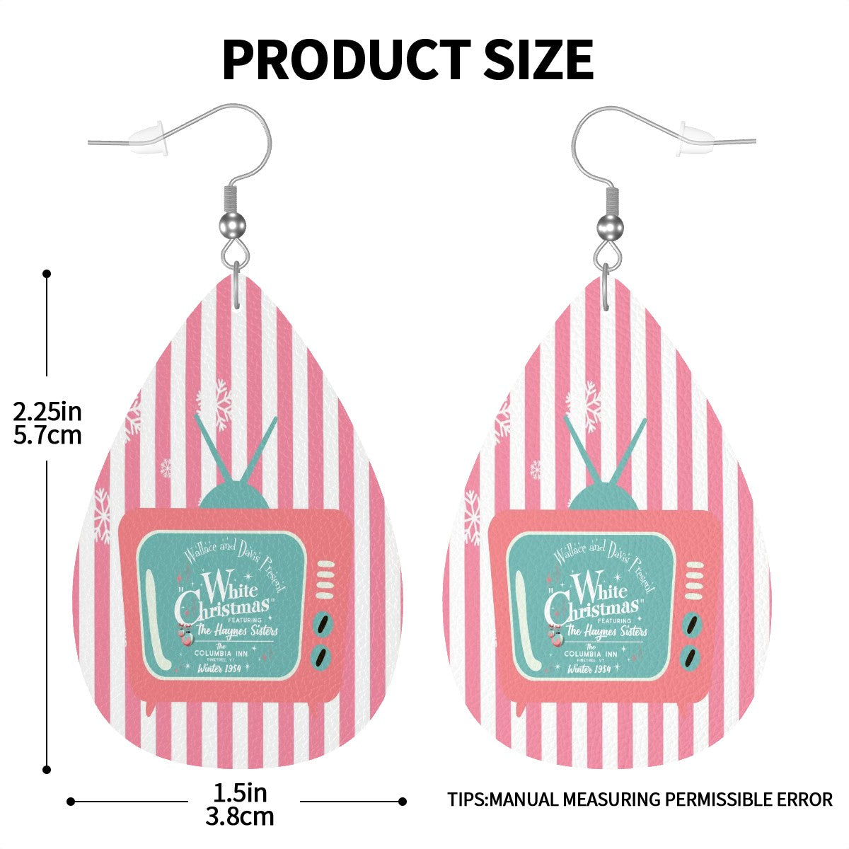 Wallace and Davis Christmas Earrings, White Pink Striped Holiday Faux Leather Teardrop Earrings - Mid Century Modern Gal
