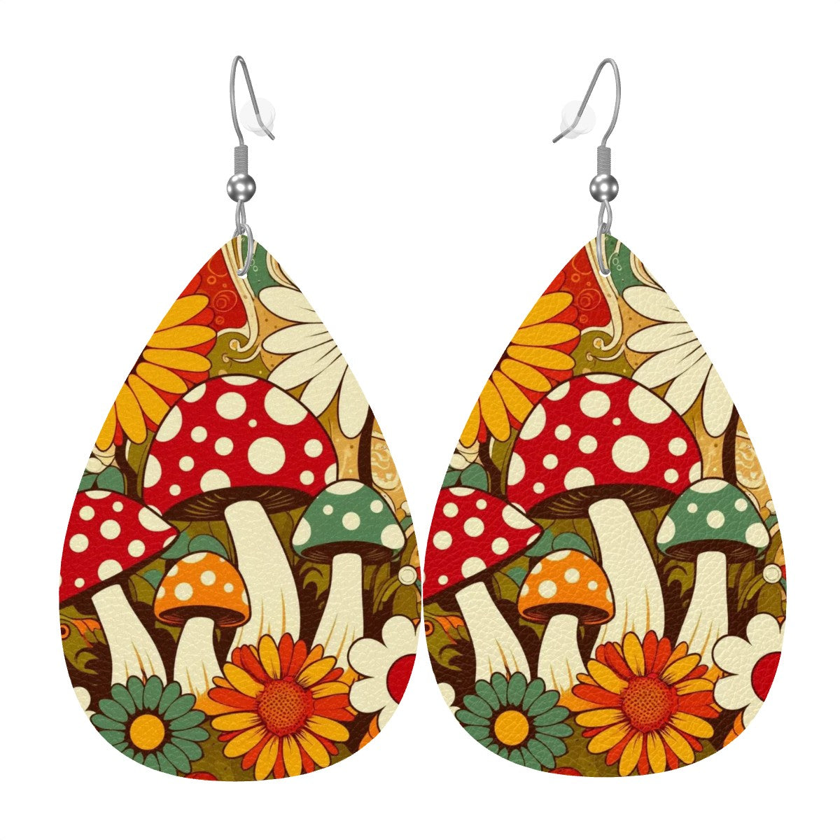 Retro 70s Merry Mushroom Groovy Vegan Leather Teardrop Earrings - Mid Century Modern Gal