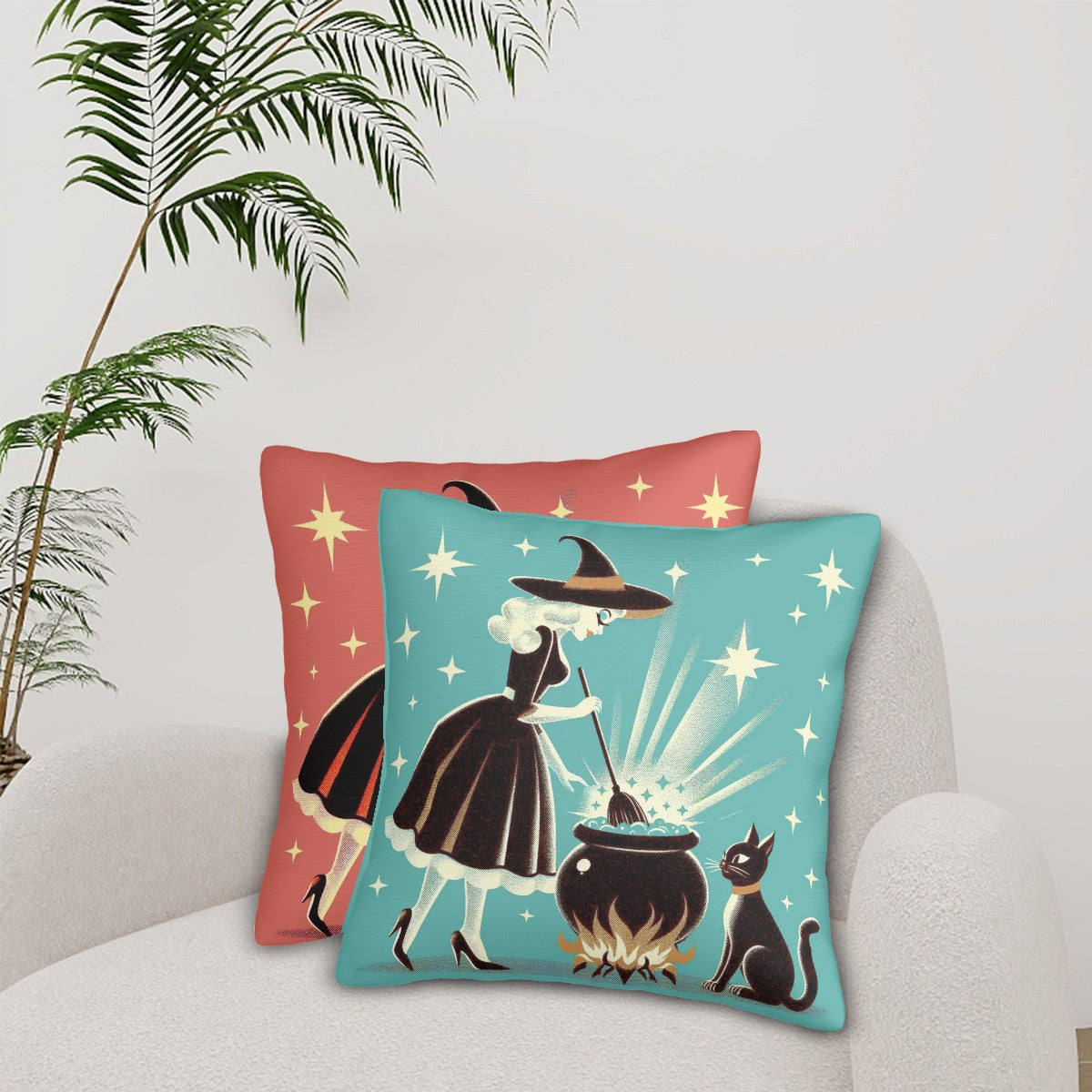 Witch's Brew Mid Century Modern Halloween Gothic Coral & Teal Pillow Covers Only - Mid Century Modern Gal