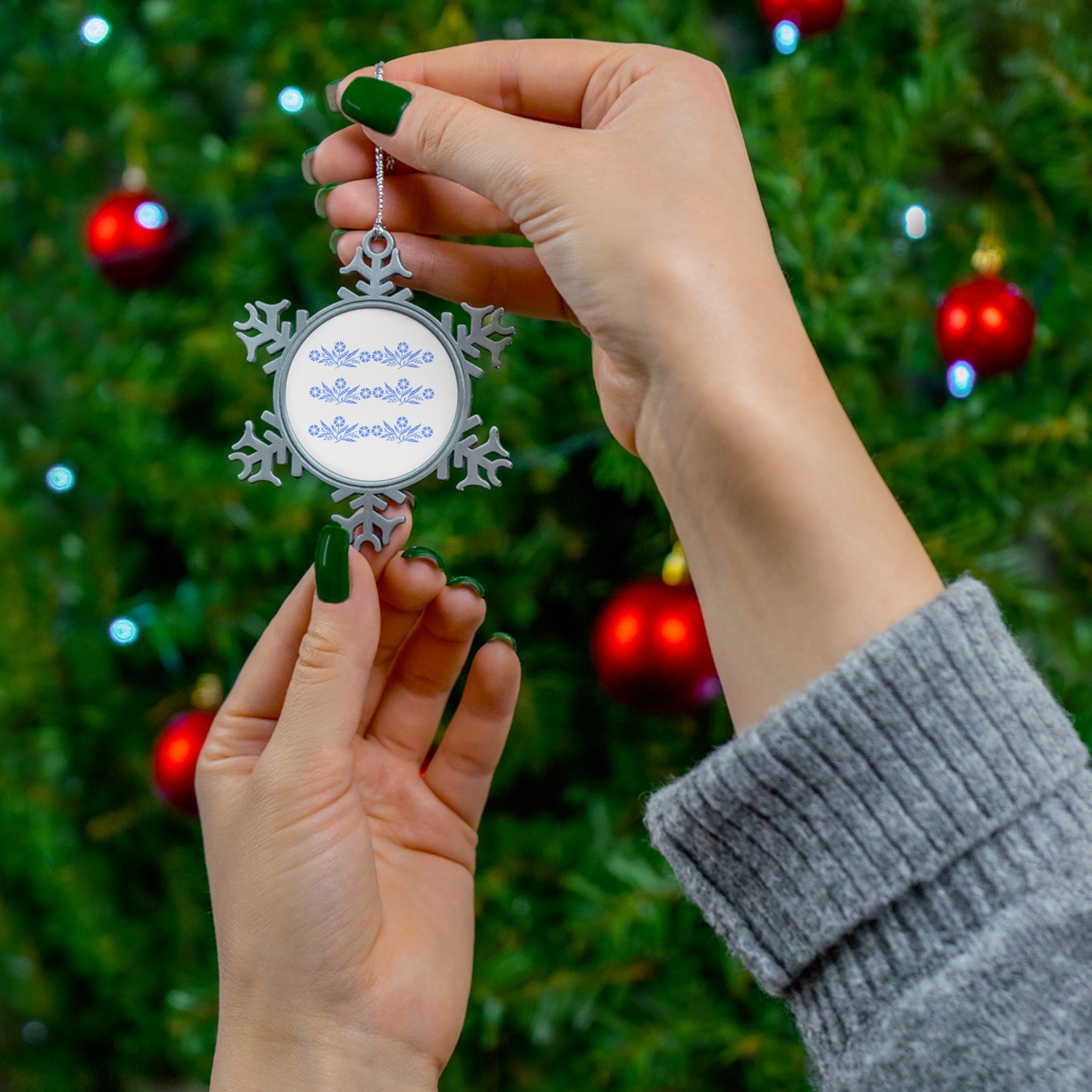 Blue Cornflower, Corningware Kitschy Christmas Pewter Snowflake Ornament