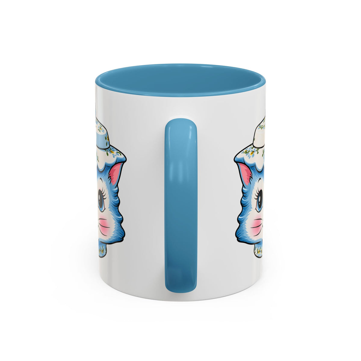 Mid Century Modern Kitschy Anthropomorphic Blue Cat with Floral Hat Accent Coffee Mug - Mid Century Modern Gal