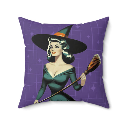 Mid Century Modern Vintage Pin Up Witch Halloween Purple Teal Halloween Pillow Cover and Insert - Mid Century Modern Gal