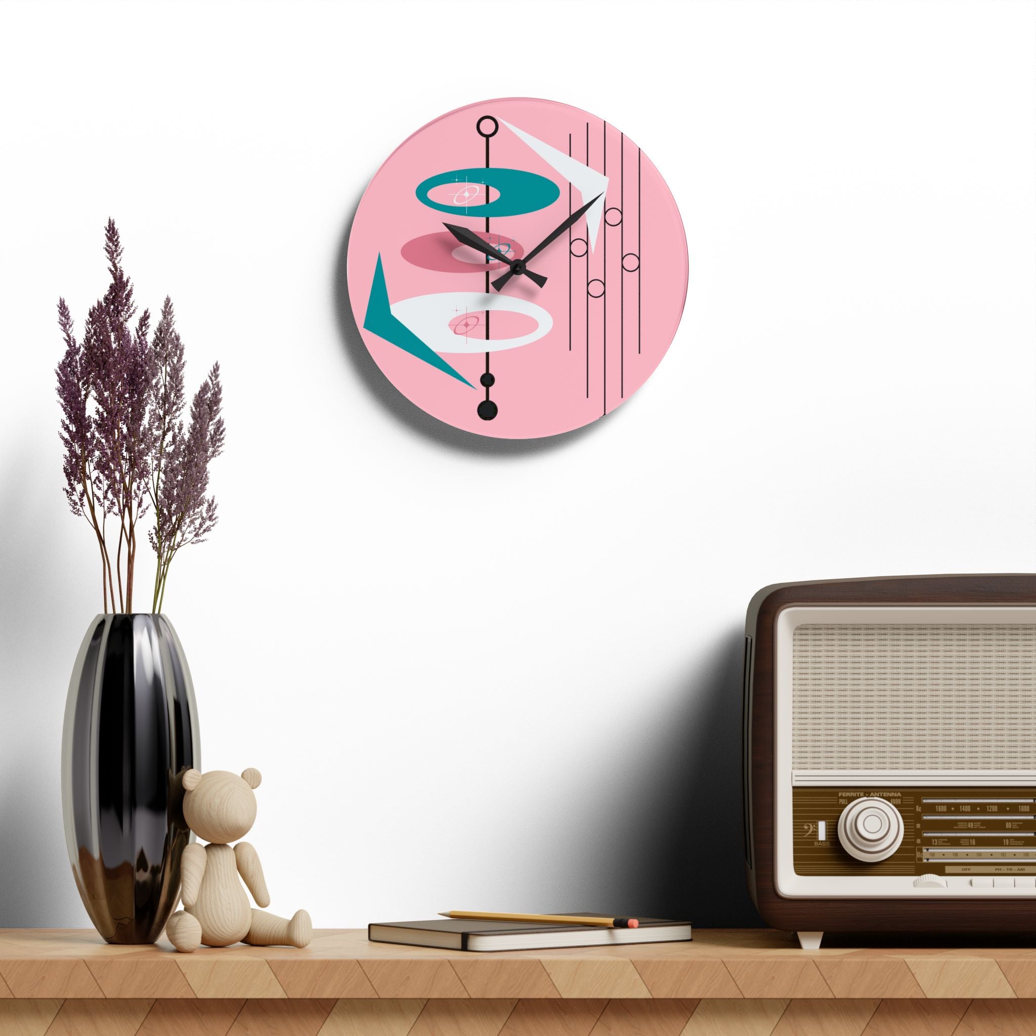 Atomic 50s Pink Mid Mod Wall Clock Retro Geometric Acrylic Wall Clock - Mid-Century Modern Decor - Mid Century Modern Gal