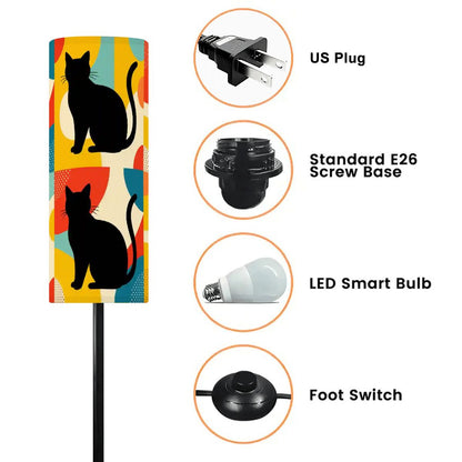 Pop Art Atomic Black Cats, Red Blue Yellow, Slim Floor Lamp - Mid Century Modern Gal