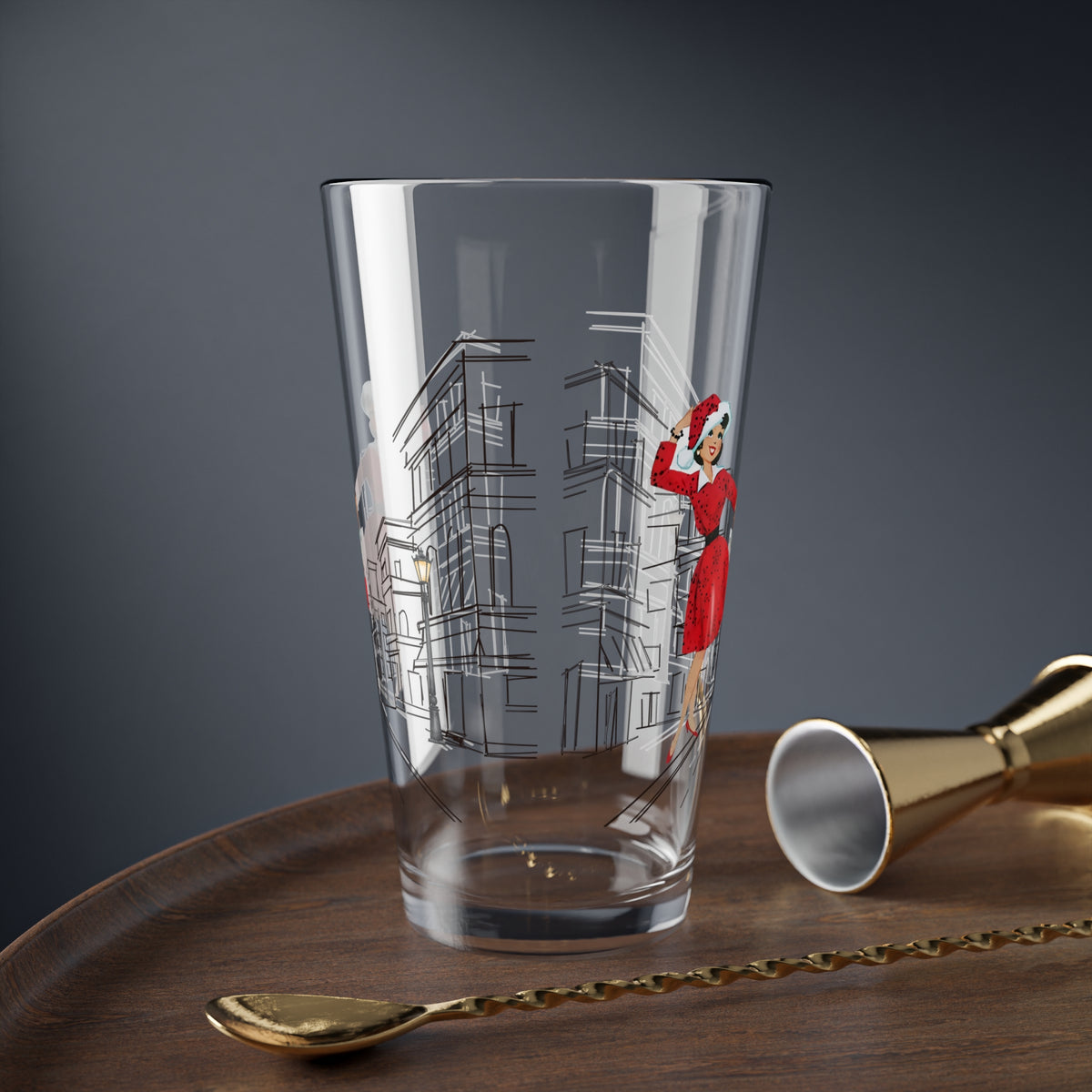 Mid Century Modern Christmas Kitsch Mod City Gal Charming 16oz Mixing Glass with Vintage Street Design - Mid Century Modern Gal