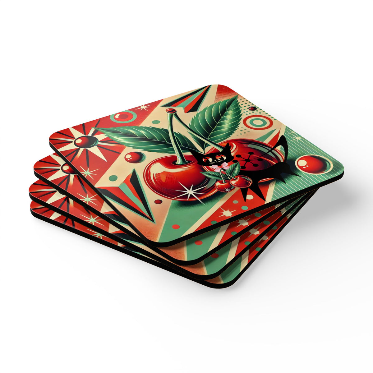 Retro Cherry Cork Coaster Set - Atomic Cat, Vintage Style Drink Protectors for Home Decor - Mid Century Modern Gal