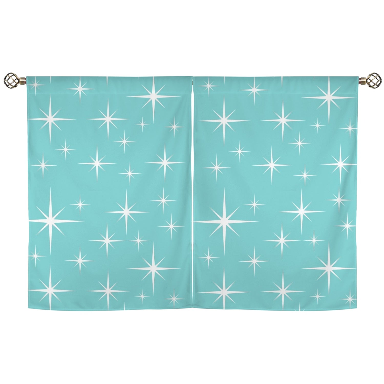 Atomic Starburst Aqua White Mid Mod Cafe Window Curtains - Mid Century Modern Gal