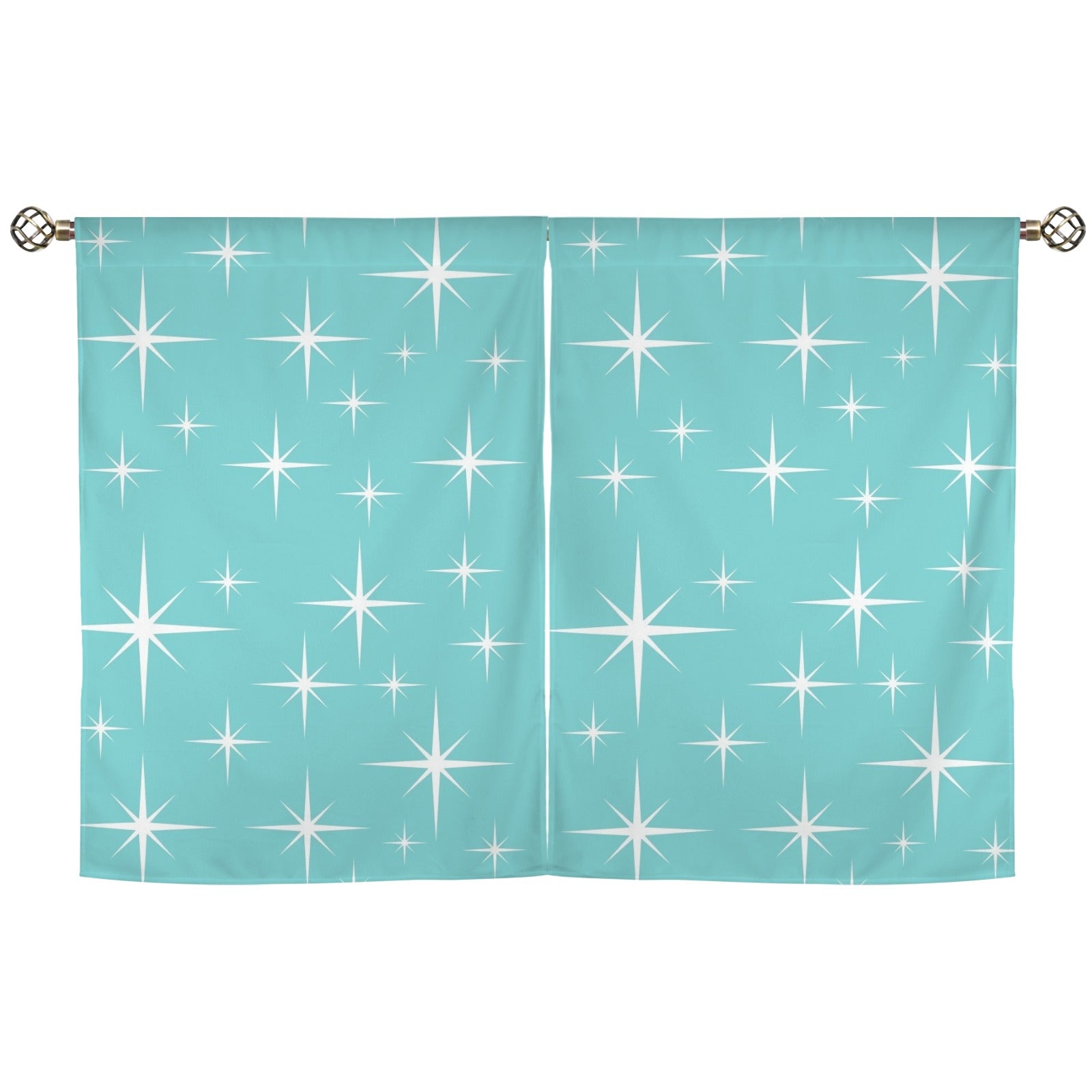 Atomic Starburst Aqua White Mid Mod Cafe Window Curtains - Mid Century Modern Gal