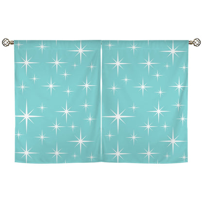 Atomic Starburst Aqua White Mid Mod Cafe Window Curtains - Mid Century Modern Gal