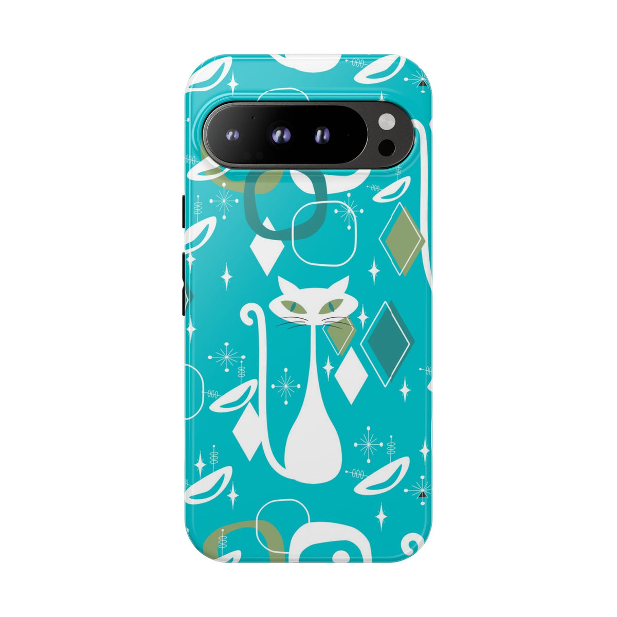 Atomic Cat Space Designs, Mid Century Modern, Aqua, White Kitschy Cat Tough Phone Case