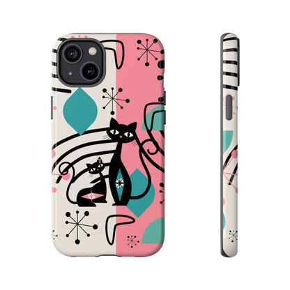 Mid Mod Atomic Cat Boomerang Starburst, Pink, Black Kitschy Stylish Cat Phone Case: Modern Design for Cat Lovers - Mid Century Modern Gal