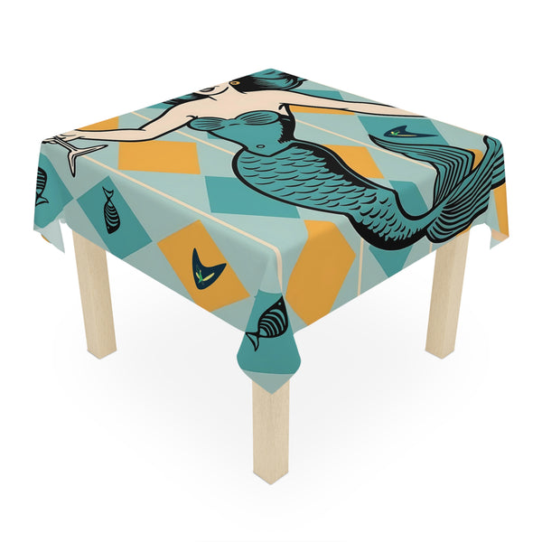 Vintage Mermaid Mid Century Modern Tablecloth Kitschy Retro Beach Decor