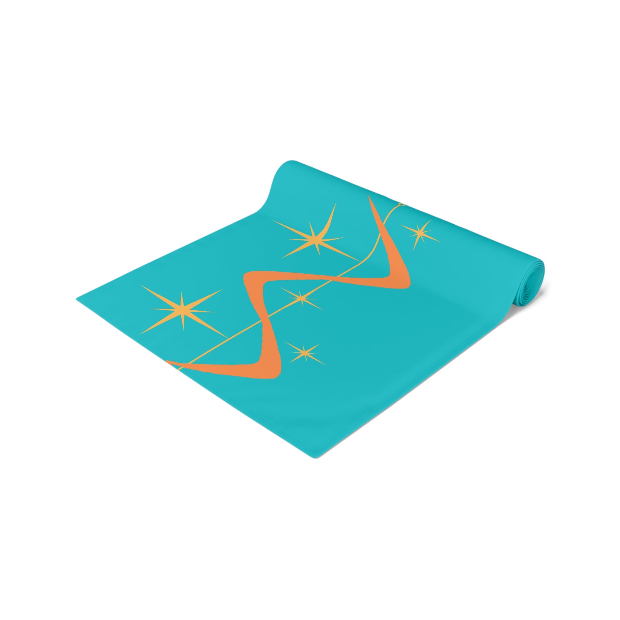 Atomic Boomerang Orange, Turquoise Blue, Yellow Starburst Mid Century Modern MCM Mid Mod Table Runner - Mid Century Modern Gal