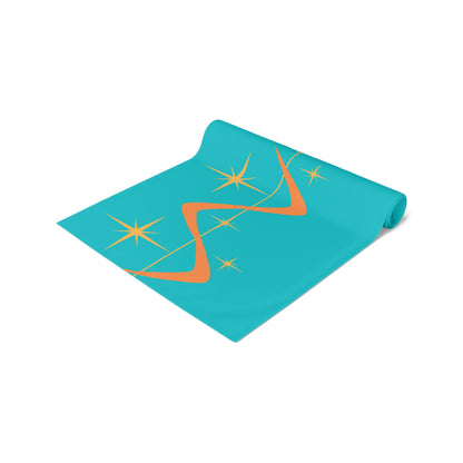 Atomic Boomerang Orange, Turquoise Blue, Yellow Starburst Mid Century Modern MCM Mid Mod Table Runner - Mid Century Modern Gal