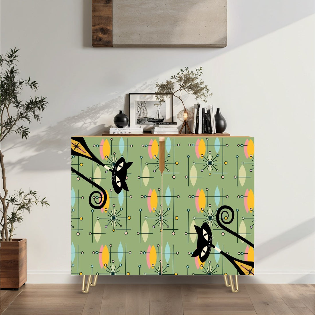 Mid Century Modern Atomic Cats, Green Starburst Retro Mod Wooden Storage Cabinet