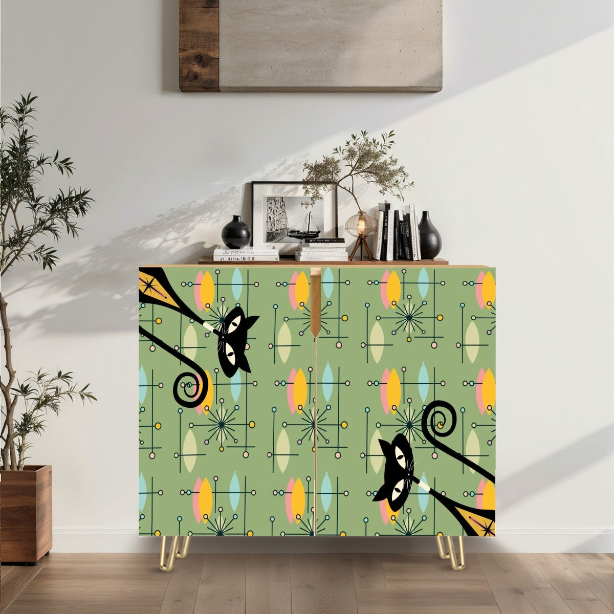 Mid Century Modern Atomic Cats, Green Starburst Retro Mod Wooden Storage Cabinet